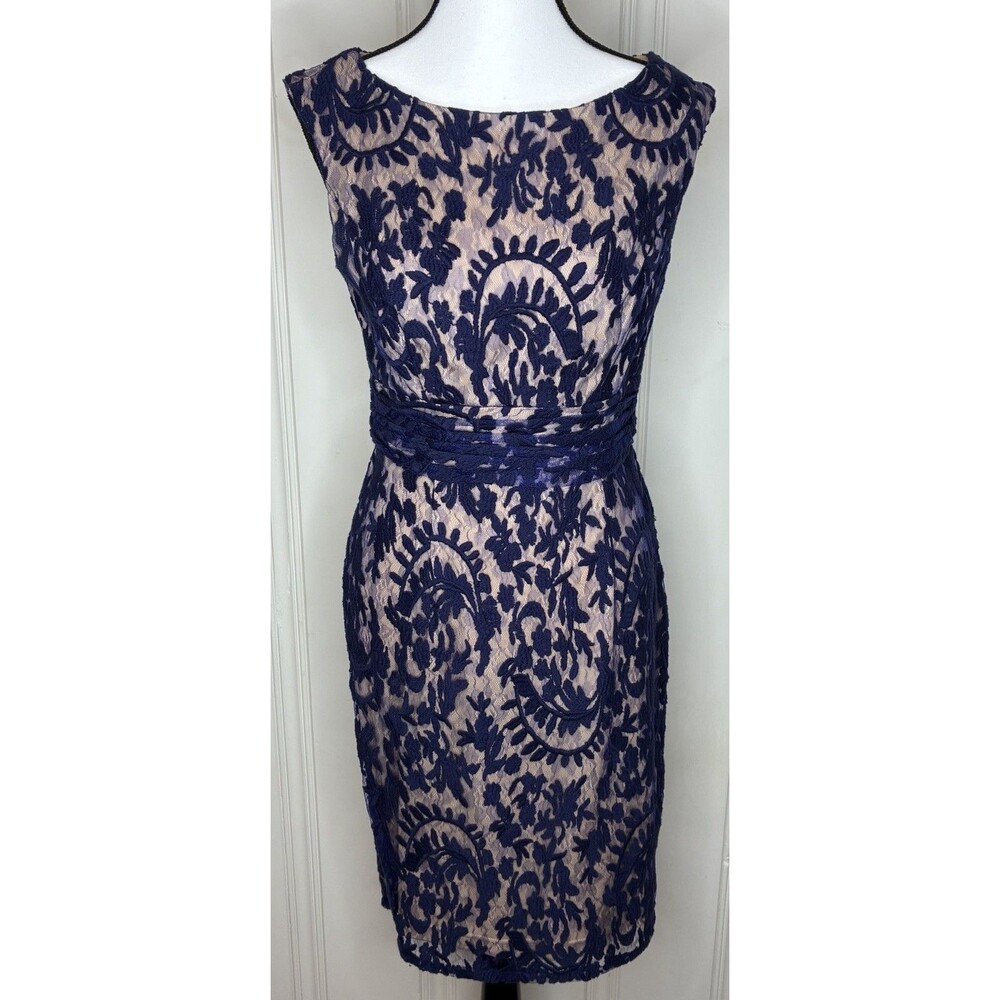 Simply Liliana navy blue lace sheath dress Sz 6 tan lining‎ wedding guest party